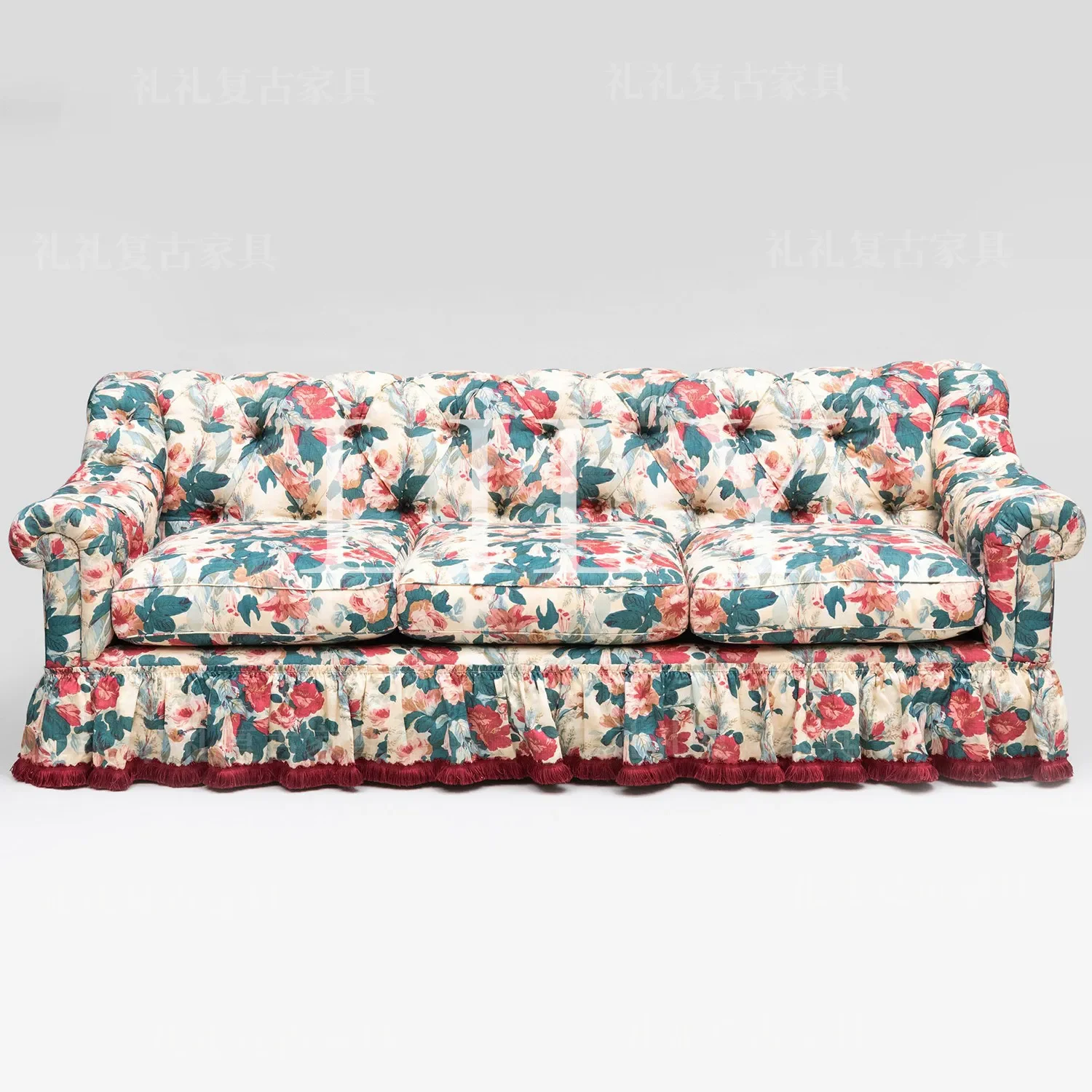 French printed solid wood sofa pastoral villa living room skirt straight sofa American retro homestay large sofa