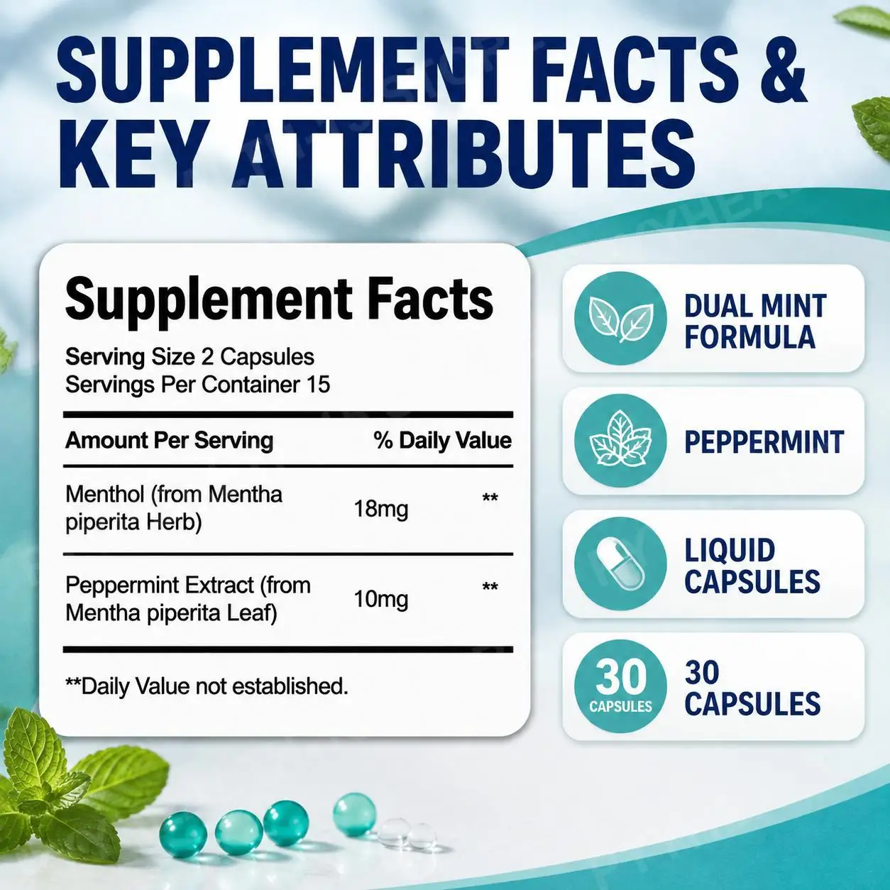 Docteat Mint Hit Liquid Capsules with Menthol and Peppermint Extract for Fresh Breath and Intestinal Comfort, 30 Capsules