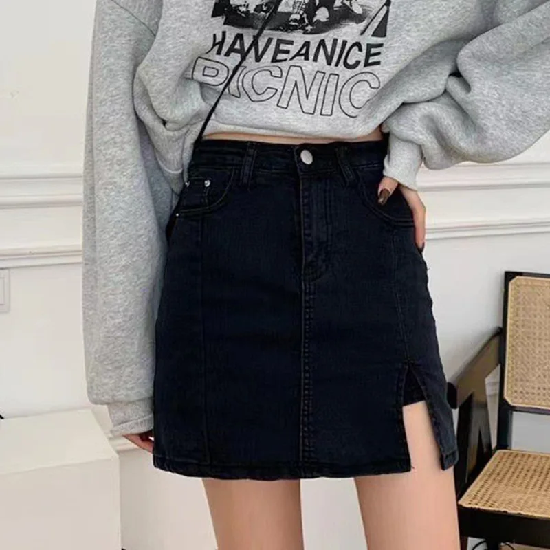 Spring and Summer New High Waist Slim Split Women's A-line Denim Skirt Sehe Fashion