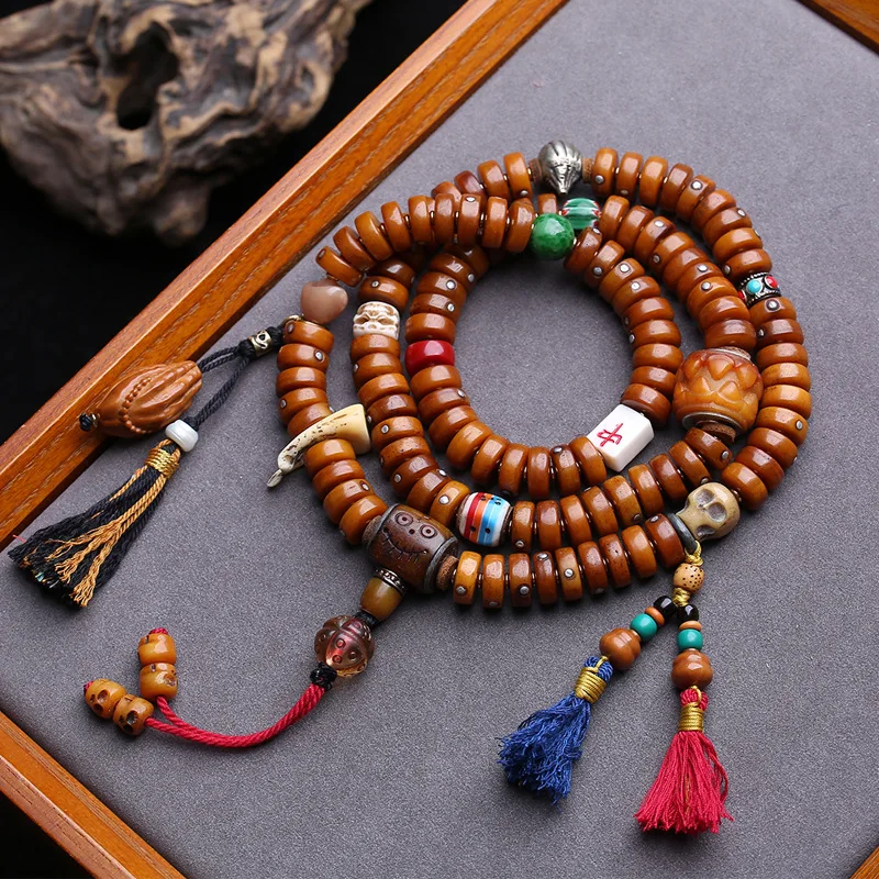Hand-Held 108-Bead Buddhist Necklace Made Of Yak Bone Copper Inlay, With A-Dai Three-Way Glass Beads As Accessories