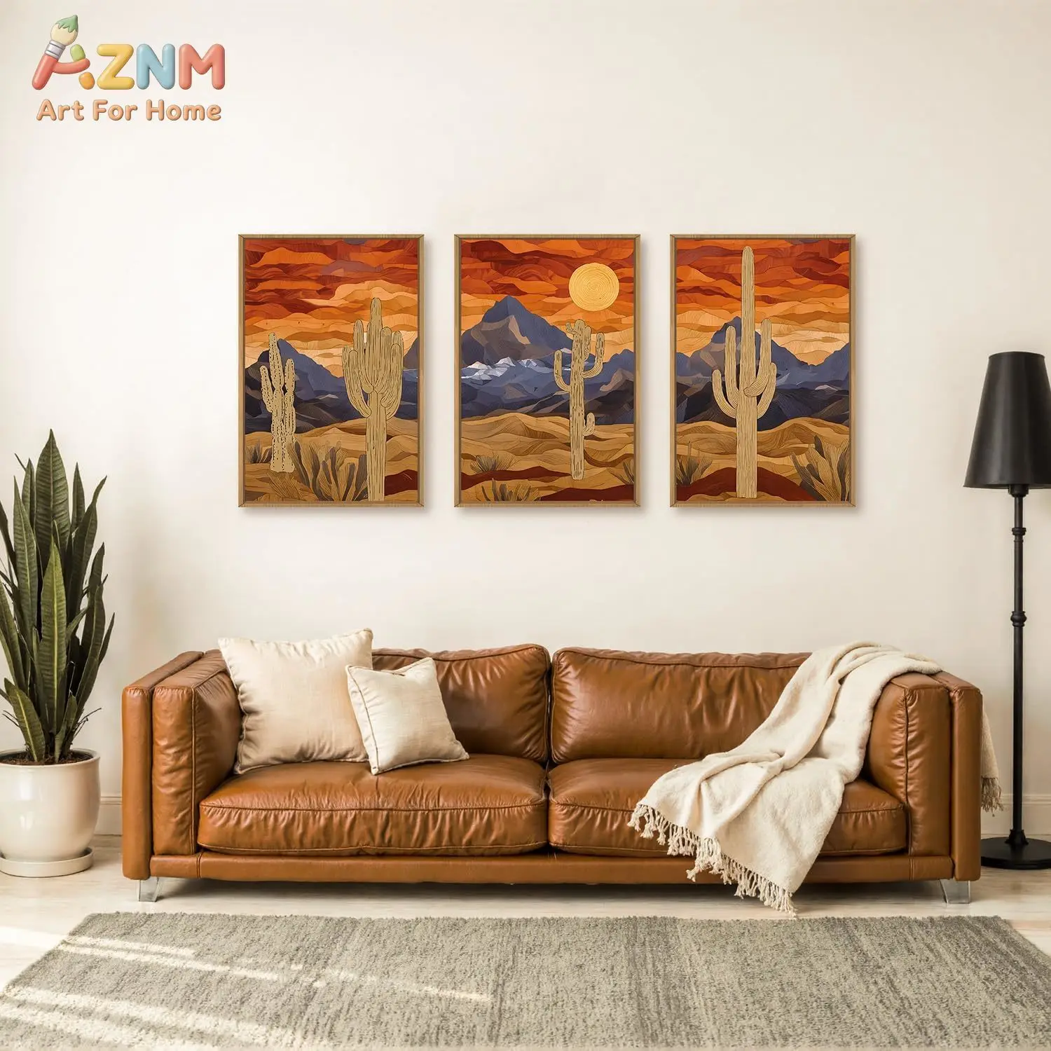 AZNM 3PCS Boho Desert Cactus Canvas Wall Art Prints, Southwestern Sunset Mountain Wall Decor, Modern Western Saguaro Landscape A