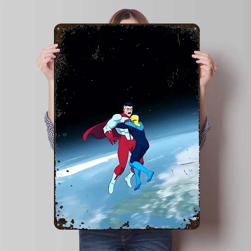 Omni-Man and Invincible in Space Tinplate Poster Customized Wall Art Vintage Metal Signs Retro Plates for Modern Home Decoration