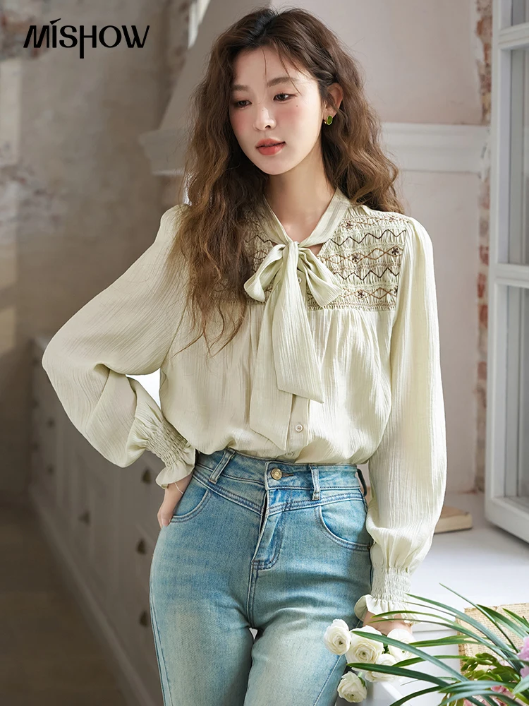 MISHOW Ribbon Collar Shirt for Women Spring 2024 Sweet Cuffs Pleated Embroidered Petal Sleeve Loose Top Office Lady MXD14C0226