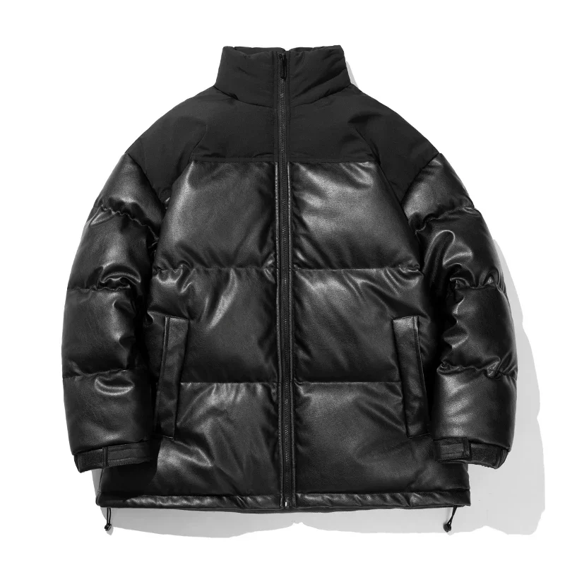 

Windproof Trendy Black Thicken Bread Coats Couple Winter Pu Leather Cotton Padded Jacket Men Casual Stand Collar Warm Parkas