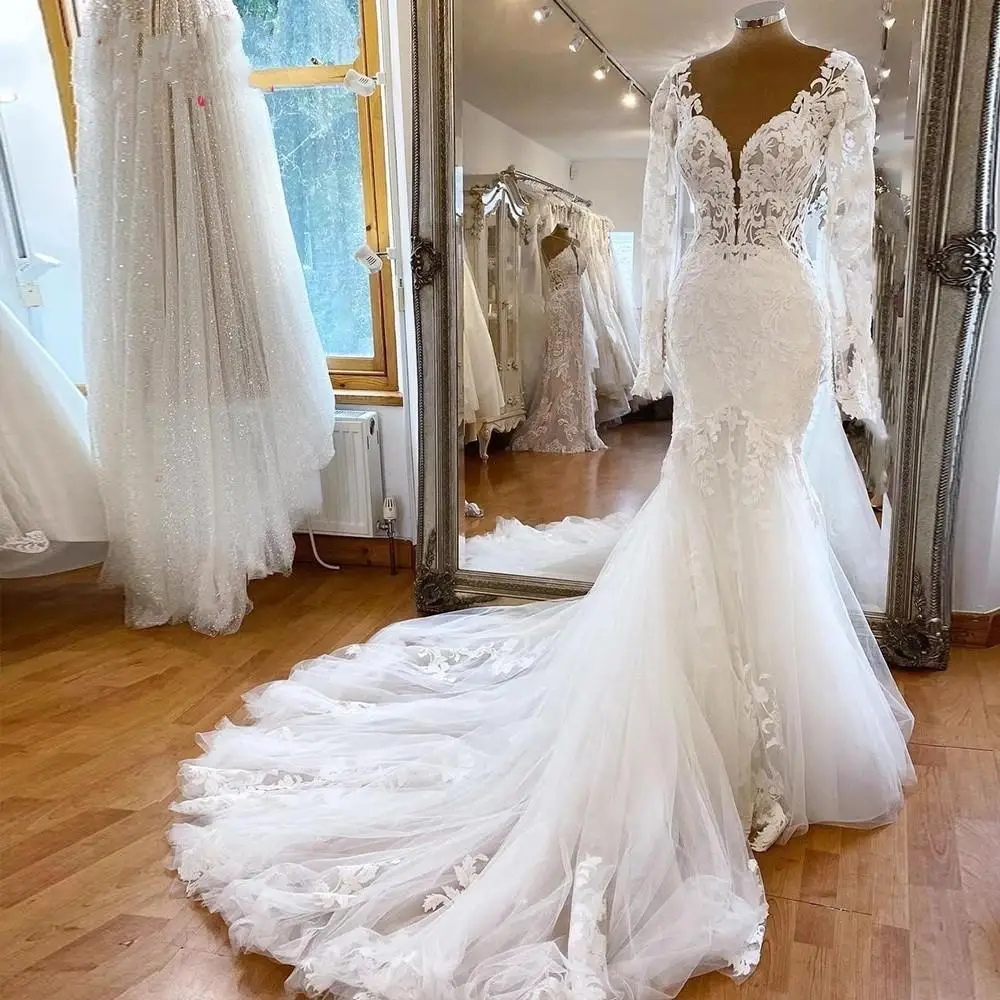 Customized  V Neck Lace Appliques Wedding Dresses Vestido De Noiva Sereia Long Sleeves Illusion Backless Beach Bridal Gowns