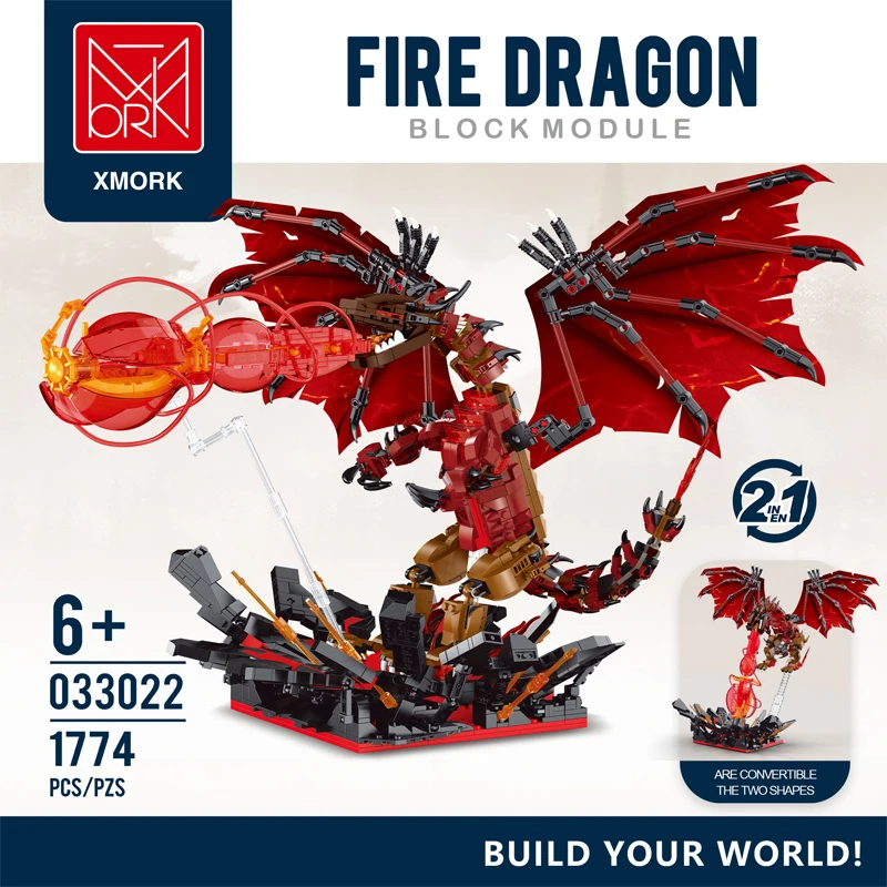 New 033022 1774pcs MOC 2 in 1 Creativity Flame Dragon Building Blocks Bricks Assembling Model Toys for Boys Birthday Gift Set