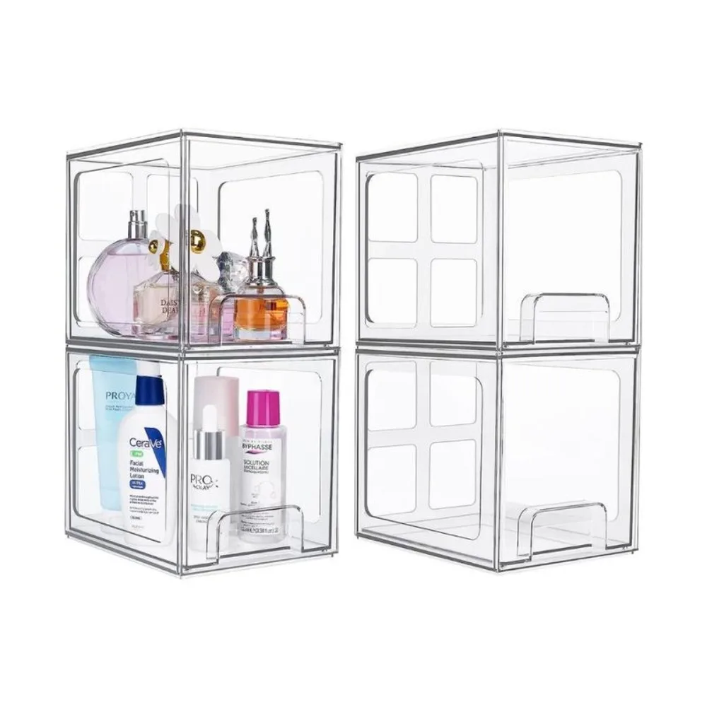 

4 Pack Stackable Makeup Organizer Storage Drawers, 6.6''Tall Acrylic Bathroom Organizers，Clear Plastic Storage Bins