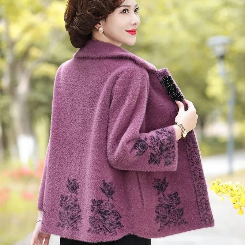 Middle Aged Elderly Women\'s Thicken Cardigan Sweater NEW Autumn Winter Imitation Mink Velvet Sweater Coat Laper Knitted Jacket