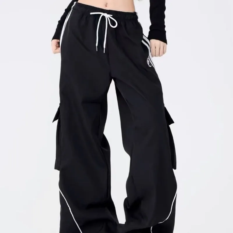 Deeptown Y2K Black Striped Women Cargo Pants Korean Fashion Wide Leg Baggy Trousers Streetwear Autunm Harajuku Hip Hop Oversized