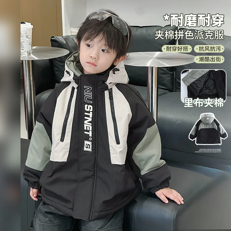 Thicken Coat For Children Boy Winter Cotton Padded Spliced Kid Boy Hooded Parkas Windproof Letter Printed 2-10Y Boys Warm Jacket