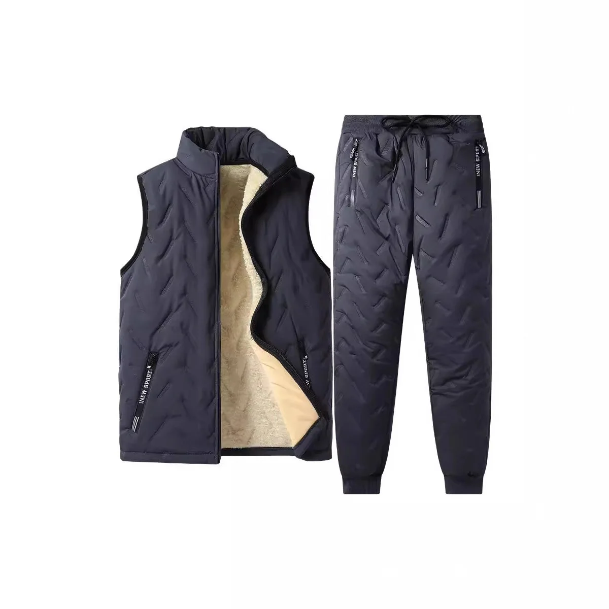 ชุดแจ็คเก็ตผ้าฝ้ายฤดูหนาวสำหรับผู้ชาย ชุดเสื้อโค้ทลำลอง 3 ชิ้น ผ้าฟลีซหนานุ่ม คอตั้ง บุขนแกะ