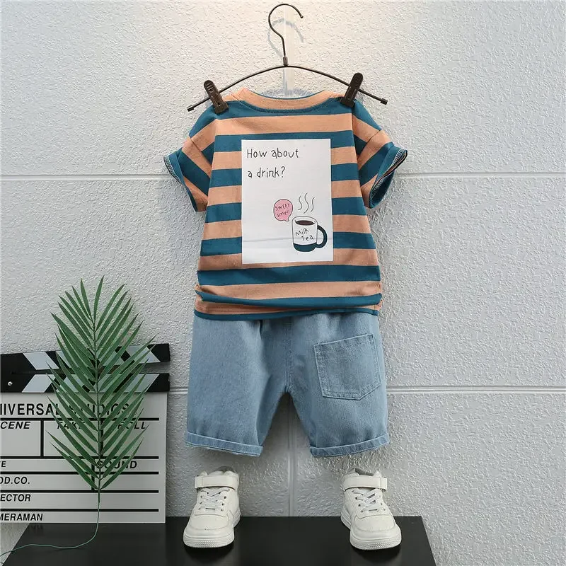 Summer Children Boys Clothing Strips Kids Cartoon T-Shirt Shorts 2Pcs/Set Toddler Leisure Sport Suits Baby Cotton Tracksuits