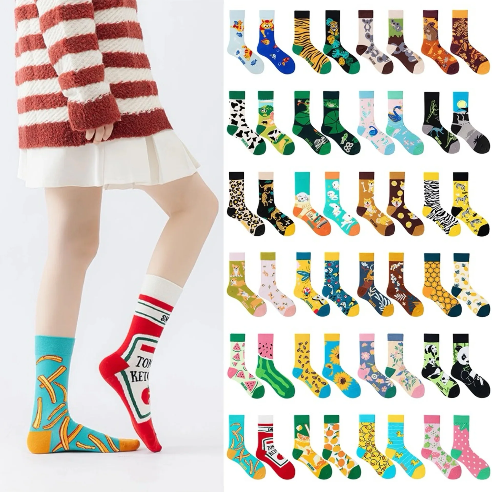 Original Designed A&B Asymmetric Color-Matched Christmas Cotton Trendy Mid-Calf Couple Socks