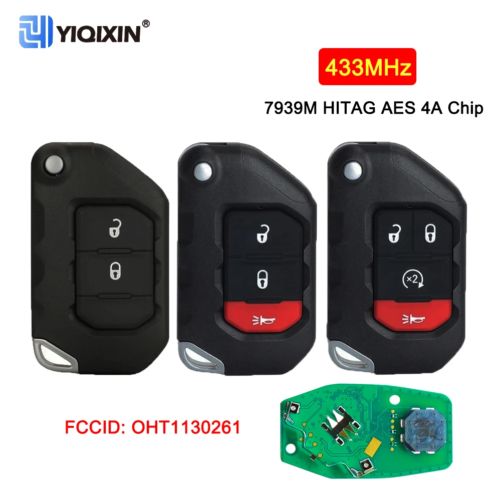 2/3/4 Button 433MHz Flip Smart Remote Car Key For Jeep Wrangler Gladiator 7939M HITAG AES 4A Chip OHT1130261Uncut Blade No logo