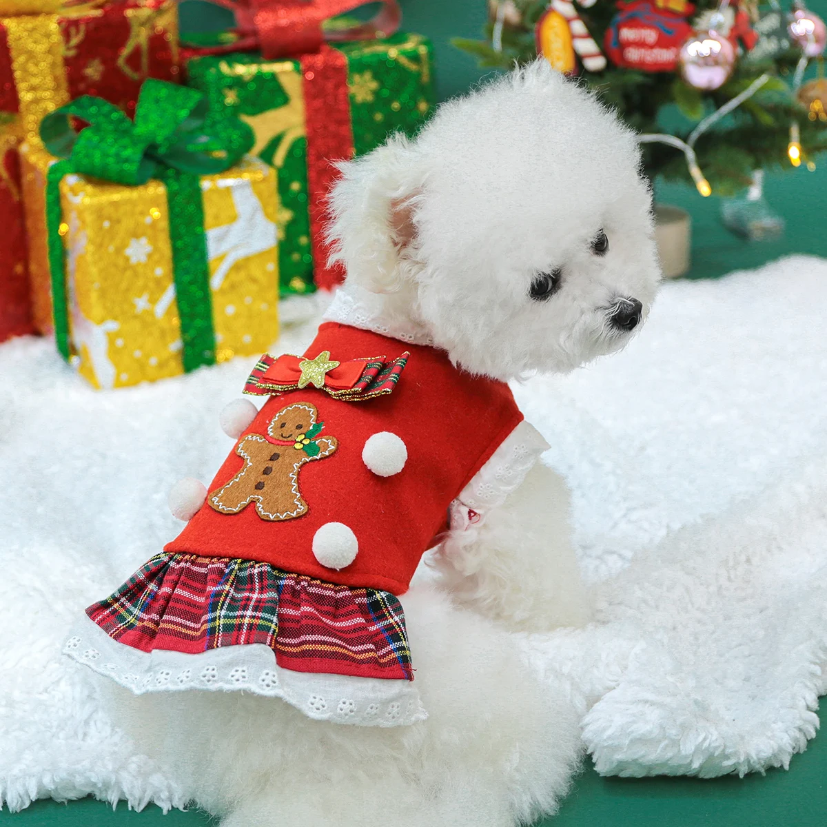 1PC Pet Clothing Cat Autumn/Winter Christmas Gingerbread Man Red Checkered Skirt Suitable for Small and Medium sized Dogs