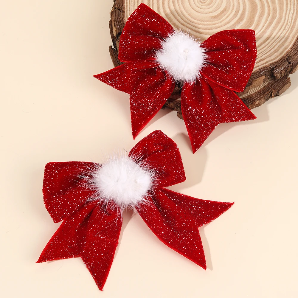 2pcs Elegant Bow Hair Clips With White Pom-Pom Sparkling Velvet Hairpins Christmas & New Year Party Hair Accessories For Girls