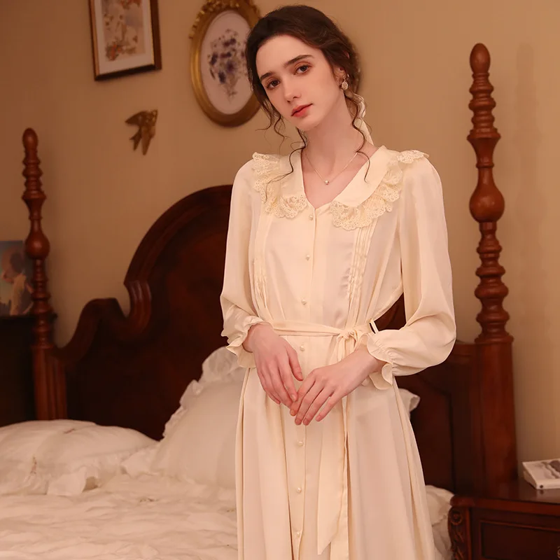 SXTHAENOO 2023 New Woman Vintage Princess Long Sleeved Nightdress Fashion Ice Silk Cardigan Robe Sleepwear пижама женская