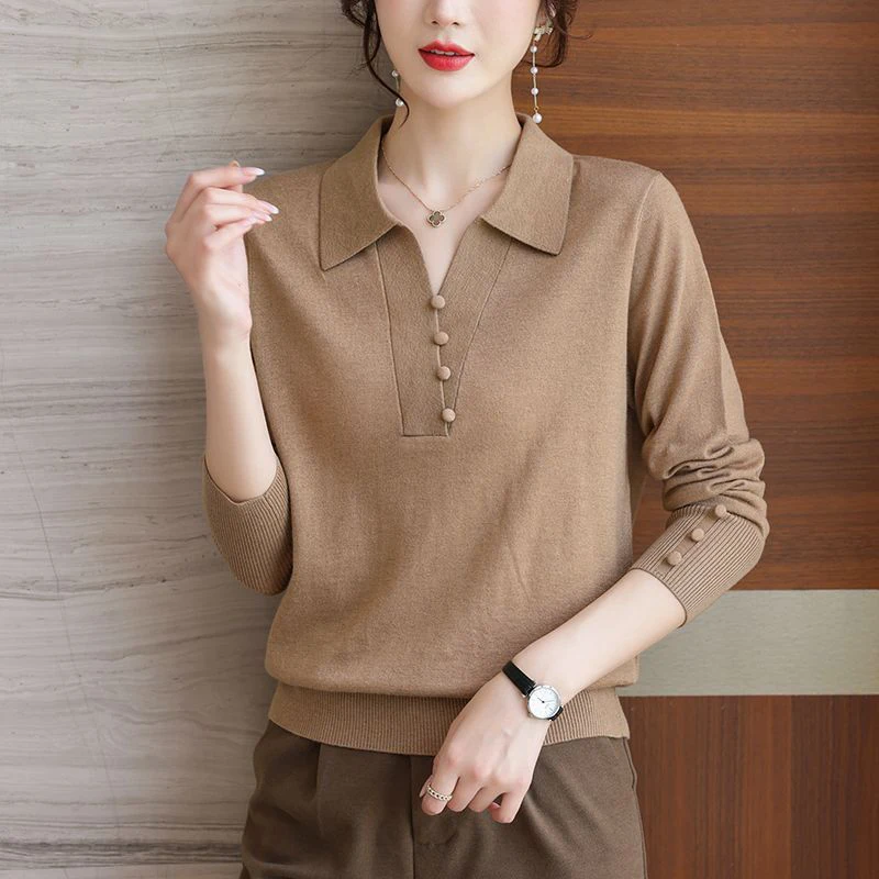 Autumn Winter Oversized Solid Simple Chic Buttons Sweater Lady Lapel Casual Fashion All-match Knitted Pullover Top Women Jumper