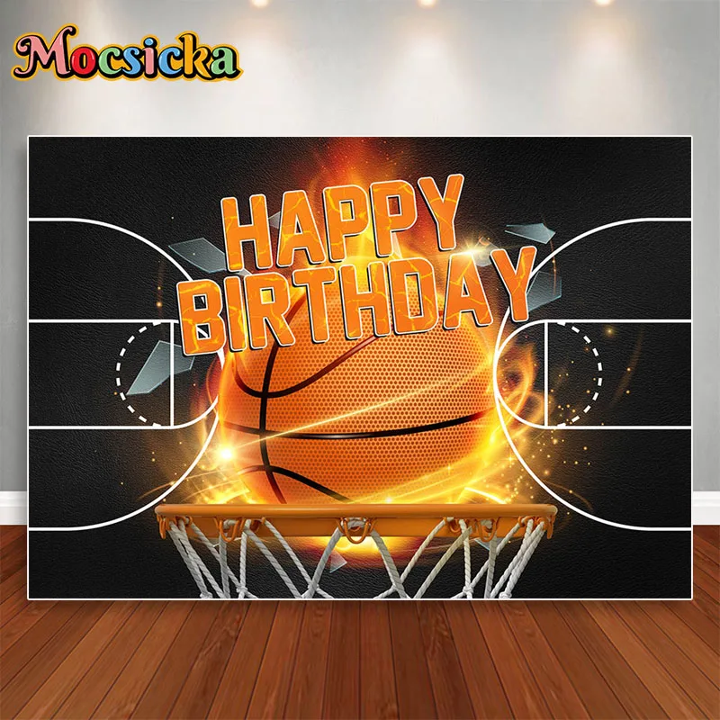 Basketball Backdrop Photography Ball on Fire and Water Flame Splashing Party Decoration Boy Portrait Photo Studio Banner Poster