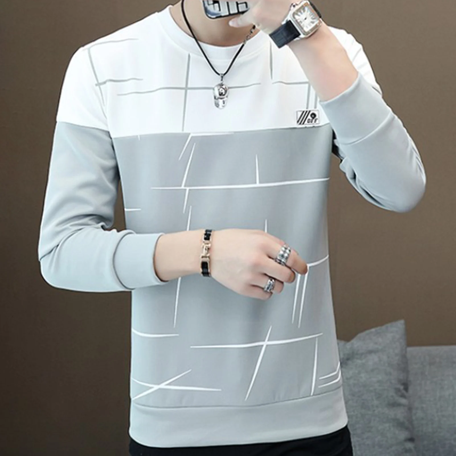 Men\'s Round Neck Pullover Sweater Korean Version Color Matching Slim Fitting Sweater for Outdoor Traveling Shopping Wear