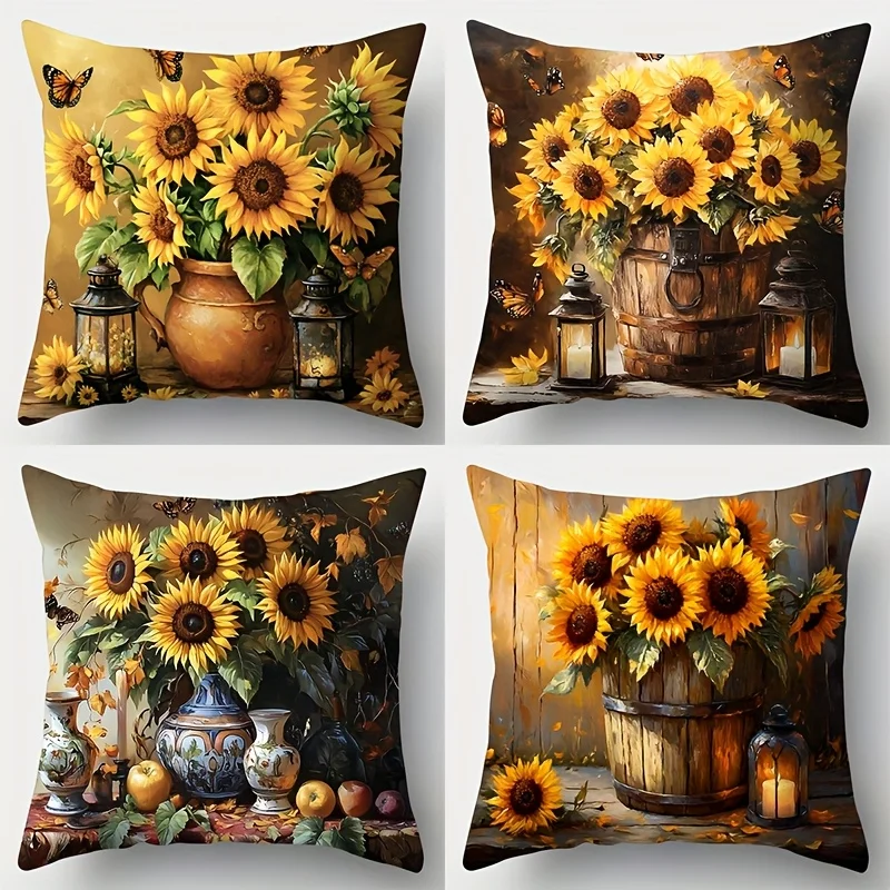 

4 шт. ретро-наволочки с цветочным узором подсолнуха, односторонняя цифровая печать, короткий плюш, подходят для гостиных, спален, диванов.