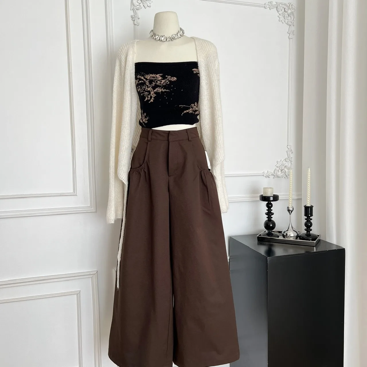 

Laid-ba Sle Ins Pure Desire Spicy Girl Топ-топ Жилет Верхний свободный вязаный топ с высокой талией Широкие брюки Футболка Комплект