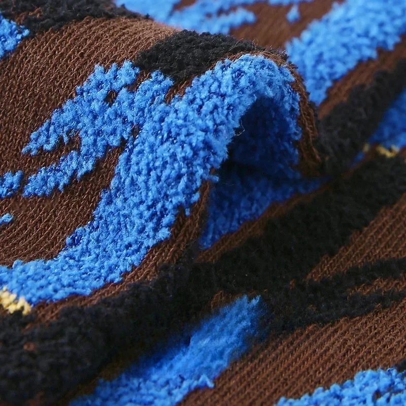 Meias de algodão meio bezerro para mulheres, cor azul e preta, espessada e quente, original, colisão de cores, inverno