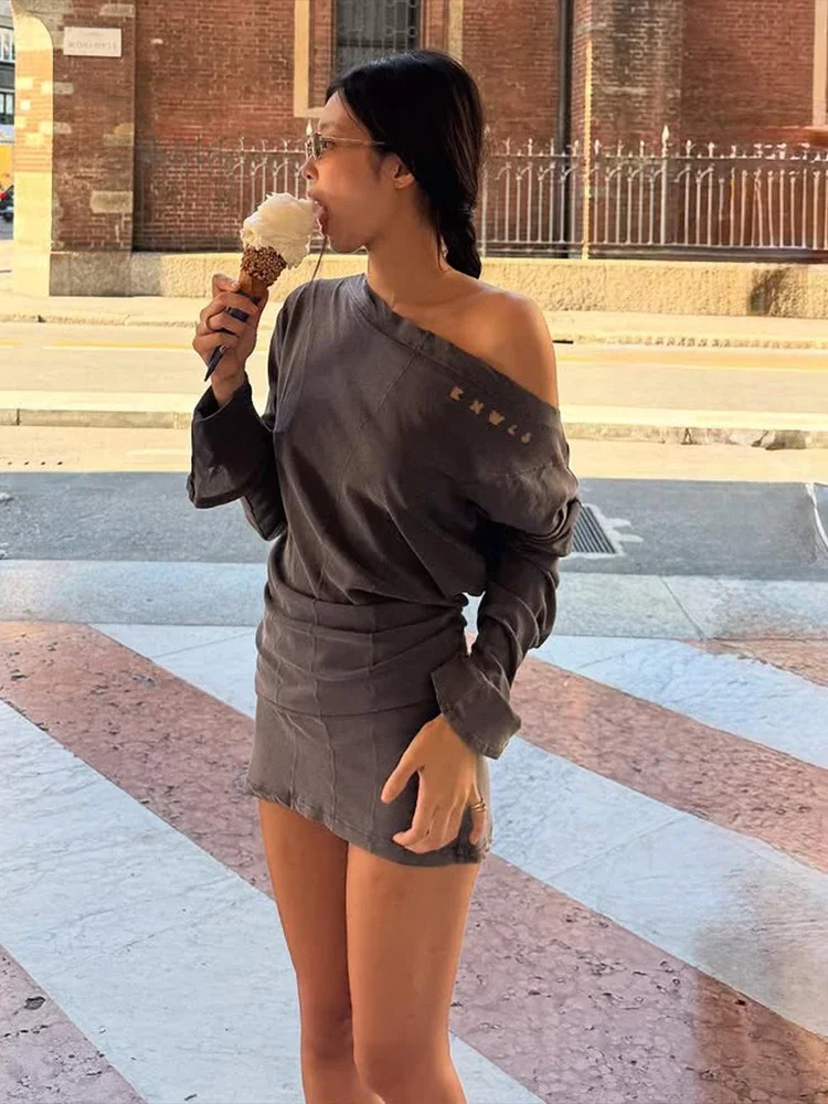 

Skew Collar Dress Women Casual Off Shoulder Solid Flared Full Sleeve Hole Street Elegant Stretch Daily Slim Bodycon