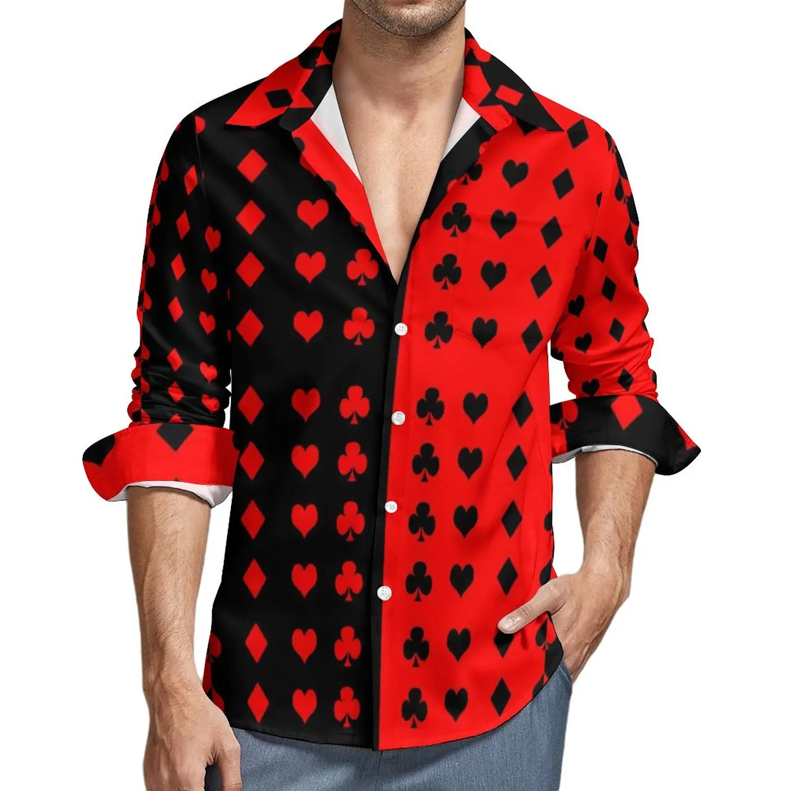 

Poker Cards Shirt Men Clubs Spades Hearts Casual Shirts Spring Street Printed Blouses Long Sleeve Fashion Oversized Top Gift