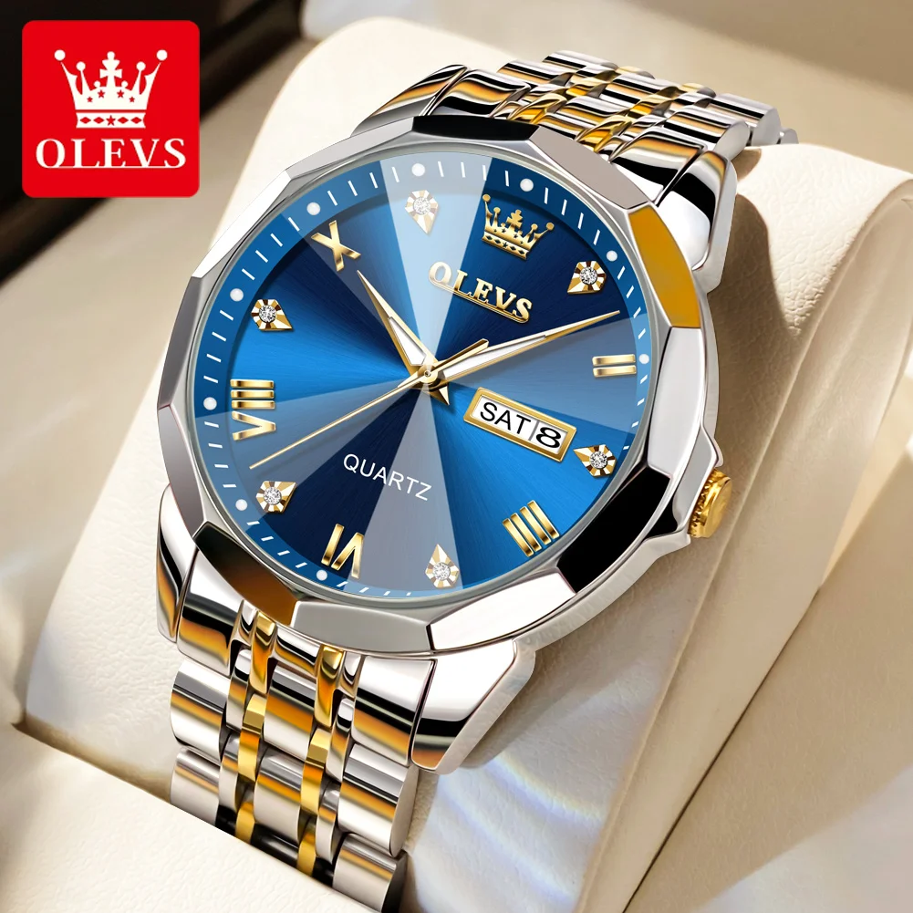 OLEVS 2024 New Business Quartz Watch for Men Week Calendar Luxury Waterproof Stainless Steel Strap Luminous Blue Men Wristwatch