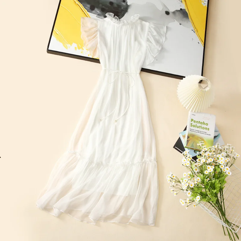 Birdsky, 1PC Women dress butterfly sleeve ruffles neck waist string 100% real mulberry silk chiffon, S-780