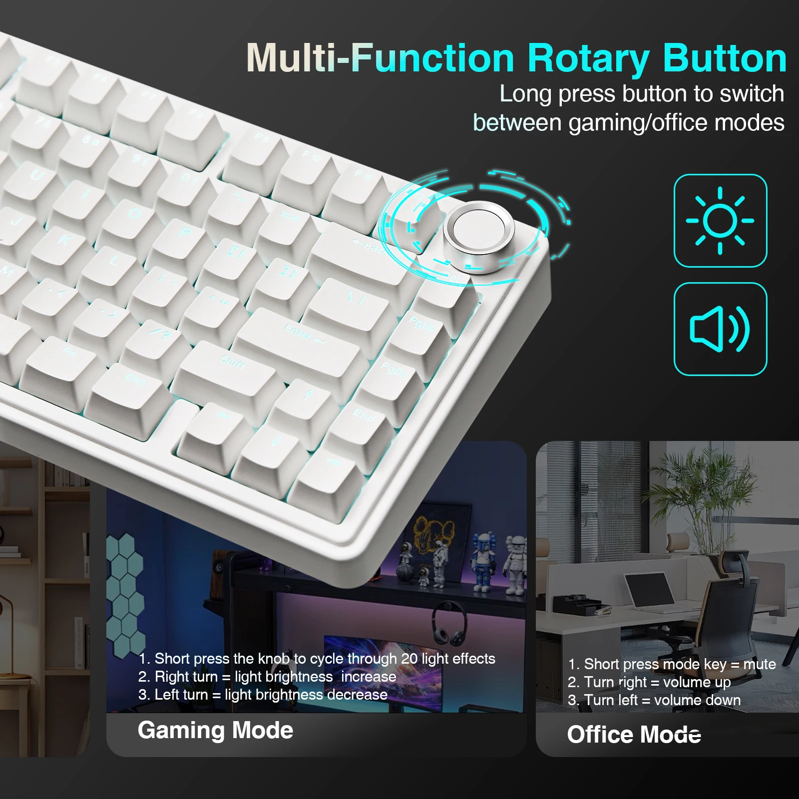 YUNZII B75 White 75% 80-Key Wired Gasket Hot Swappable Knob with Translucent Keycaps, Single Blue LED Backlight for Multi-system