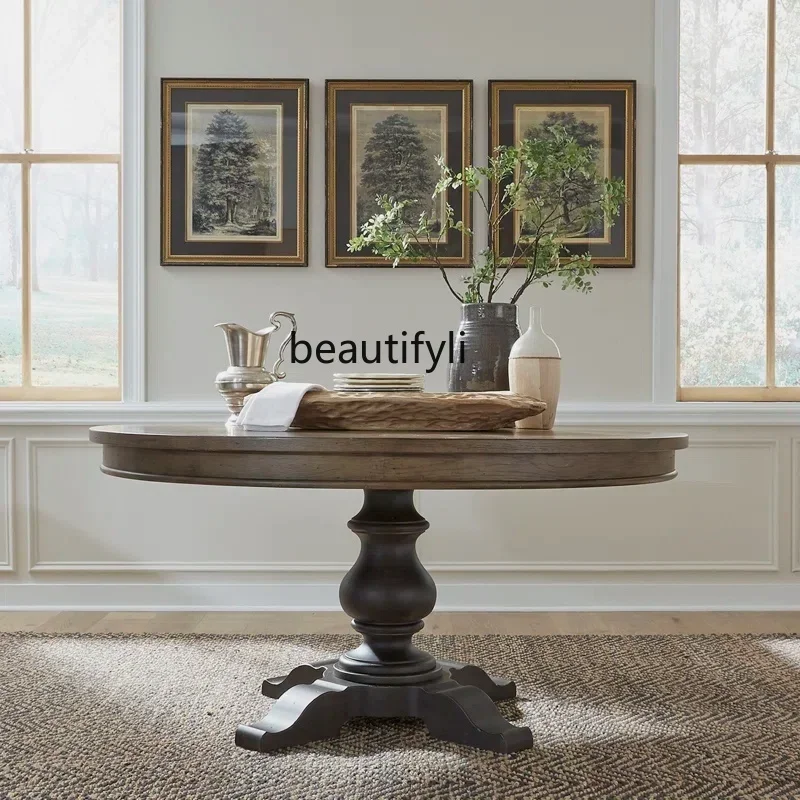 

American solid wood dining table round home retro simple restaurant round dining table can be customized9344