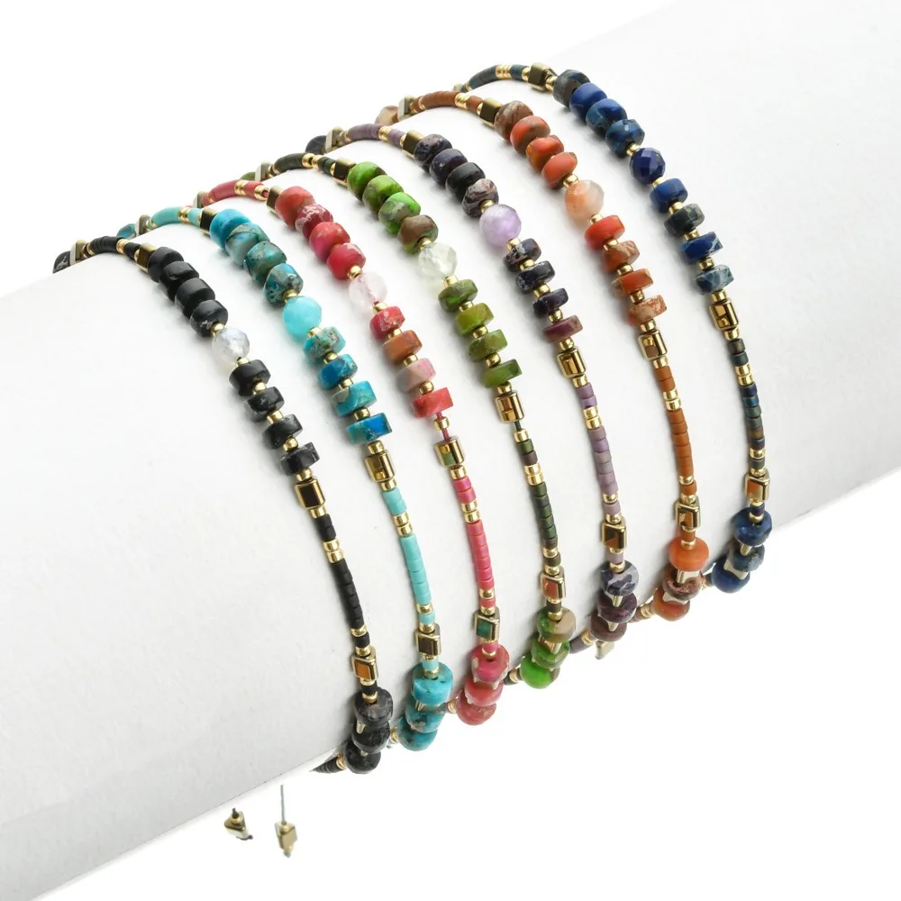Novo design verão miyuki contas pulseira de pedra natural natural imperial jasper pedra contas de ouro pulseira frisada para jóias femininas