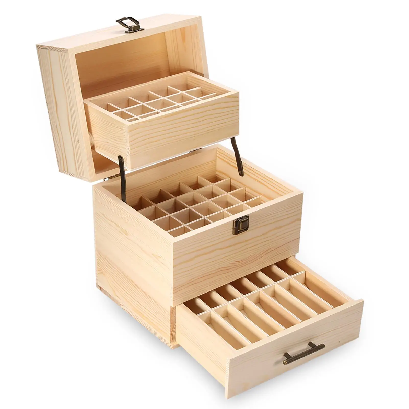 

3-Layer Wooden Essential Oil Storage Box with 59 Slots - Detachable Aromatherapy Bottle Organizer & Jewelry Holder