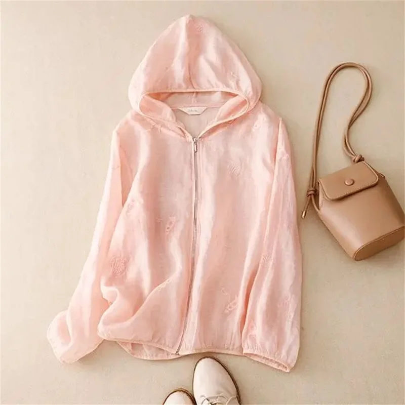 Retro Embroidered Hooded Sunscreen Shirt 2026 Summer New Loose Slim Zipper Open Top female Thin breathable Women's Short Outwear