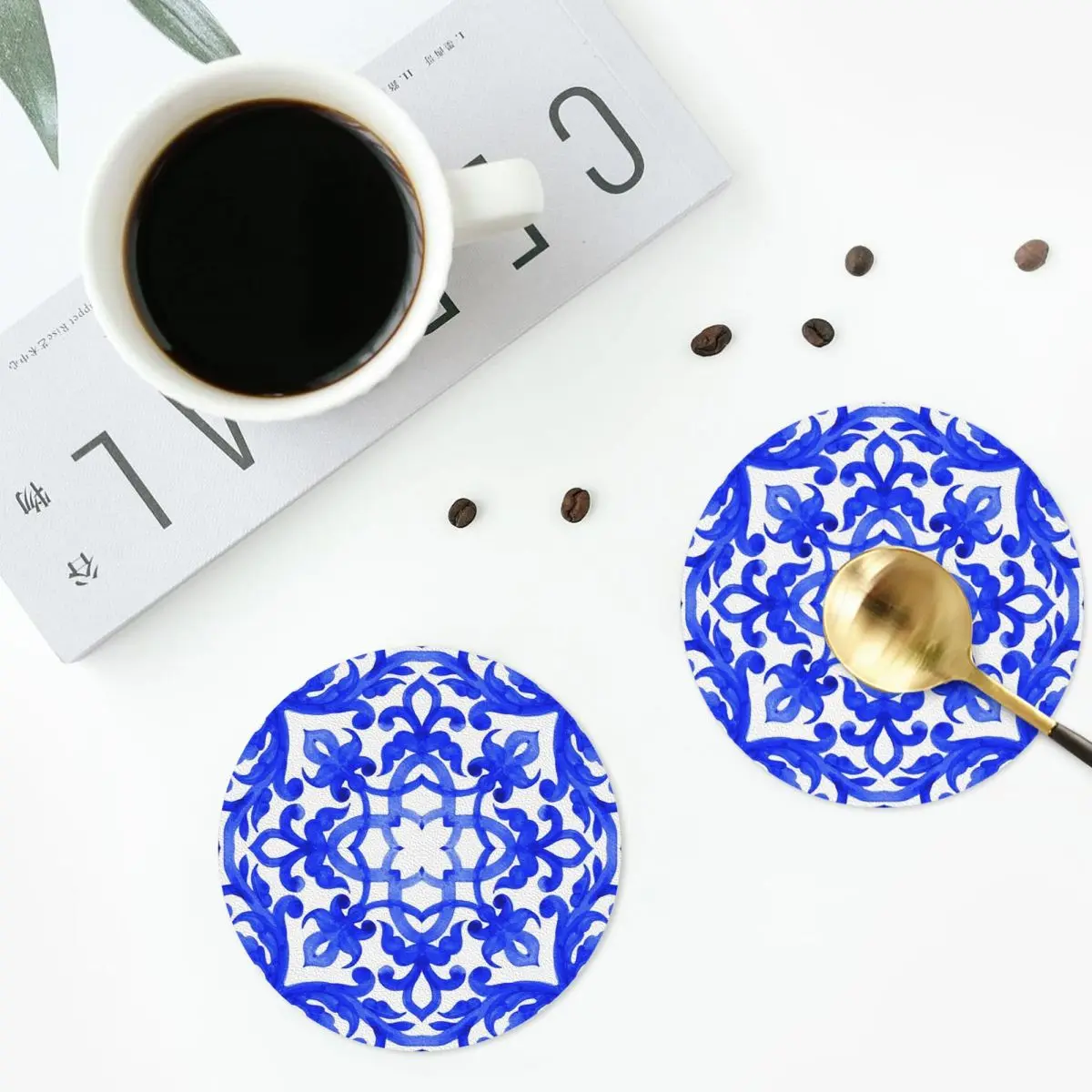 Portuguese Azulejo Tiles Coasters PVC Leather Placemats Non-slip Coffee Mats for Home Kitchen Dining Pads Set of 6