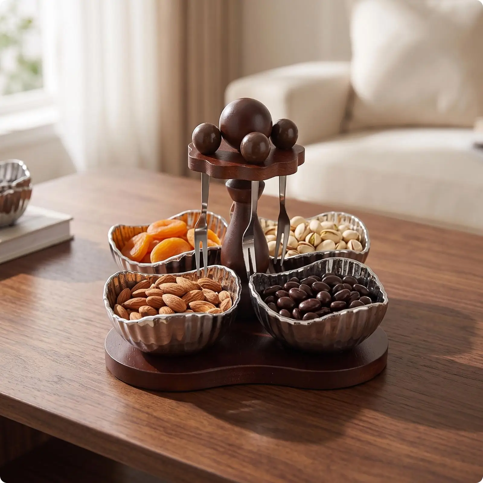 Wooden Pedestal Snack Tray with Spinning Top for Coffee Table Tea Service and Entertaining