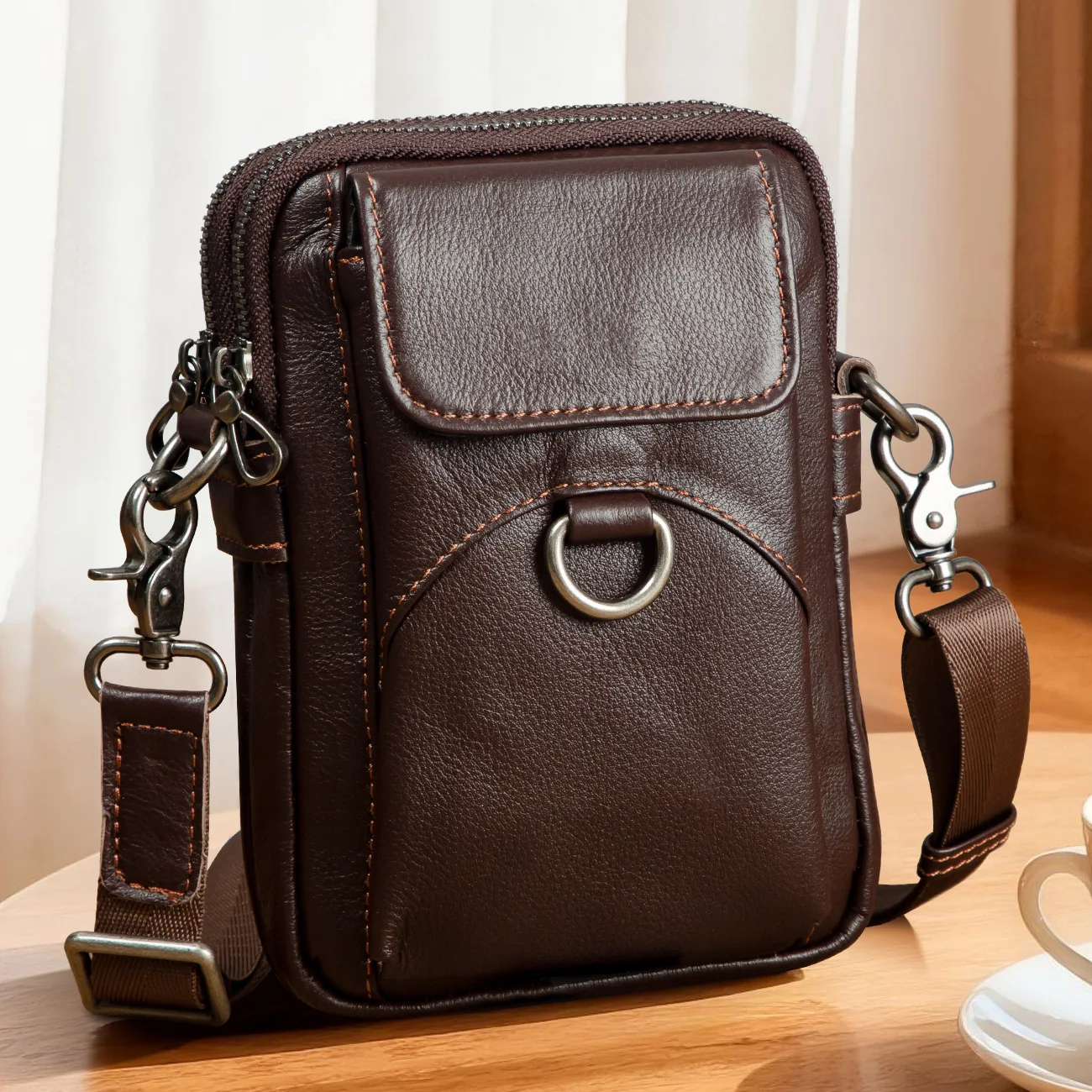 

Genuine Top Grain Leather Phone Crossbody Bag, Soft Vintage Leather Sling Bag for Men, Minimalist Waist Pack & Shoulder Bag