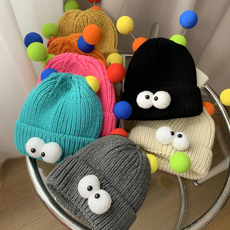 New Cute Cartoon Big Eyes Beanies Caps Women Korean Funny Couple Knitted Hat Y2k Fashion Winter Warm Cold Cap For Party