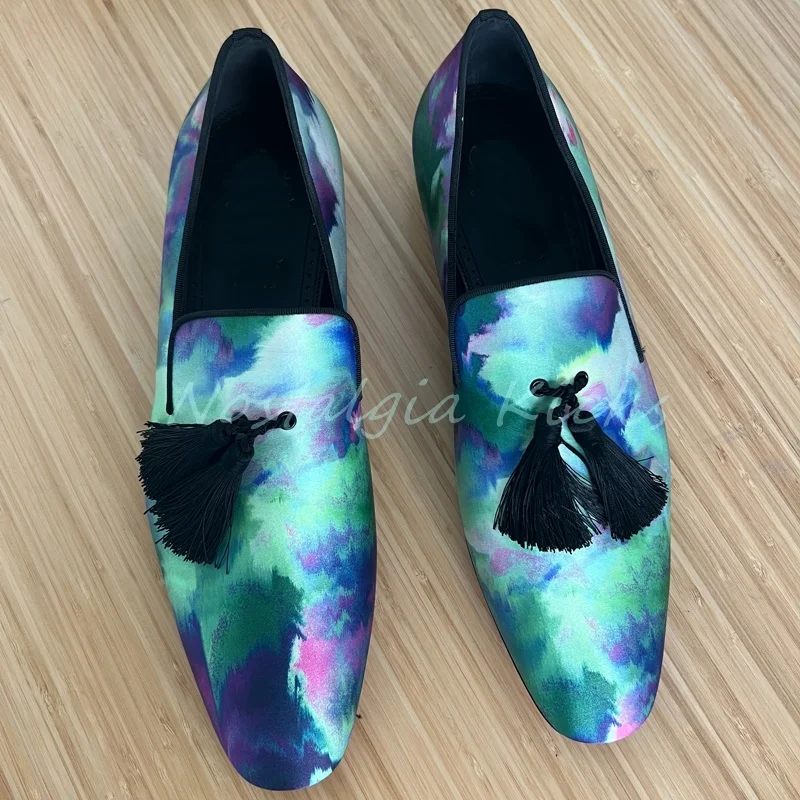 

New Men's Satin Watercolor Tassel Loafers Colorful Pointed Toe Slip On Dress Shoes for Man Casual Blue Formal Flat Derby Shoes