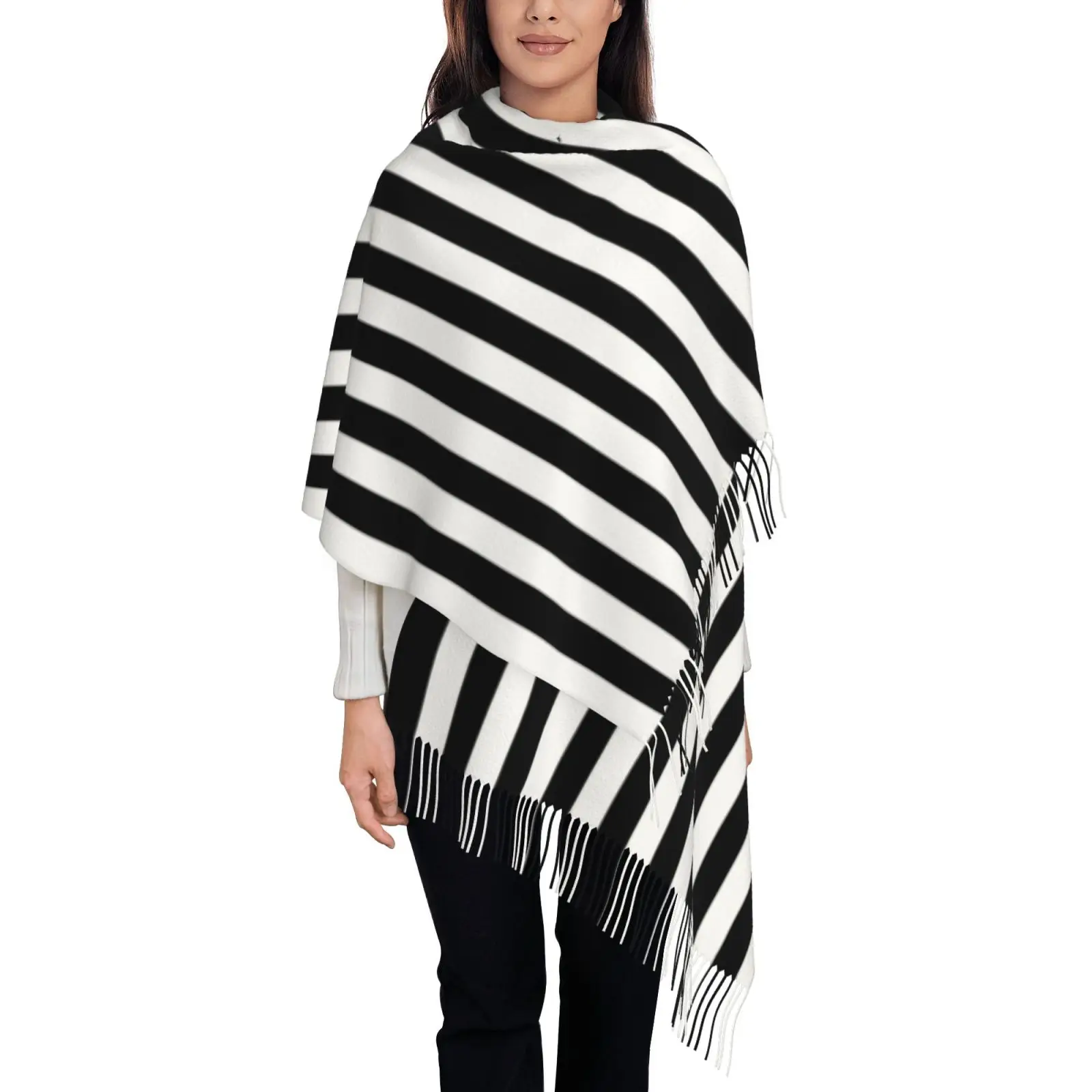 Women Black White Striped Print Shawl Scarf, Tassel Large Wrap, Soft Fashion Ladies Casual Cape Scarves