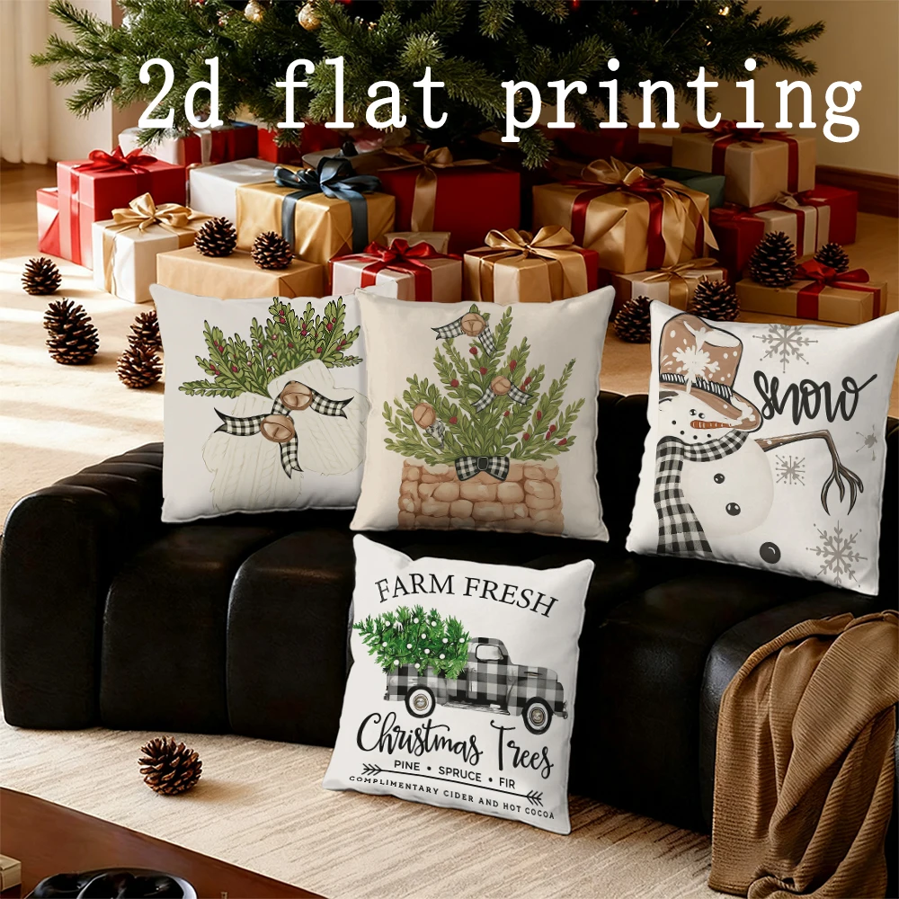 1 قطعة/4 قطعة-وسائد بطابع عيد الميلاد مع تصميمات رجل الثلج والشجرة، غطاء وسادة مربع، غطاء وسادة مزخرف للأريكة الحديثة #1