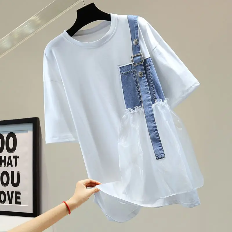 Mesh Plaid Beaded Short Sleeve T-shirt Women 2023 Spring Summer Loose Korean Letter Print T-shirt Fashion