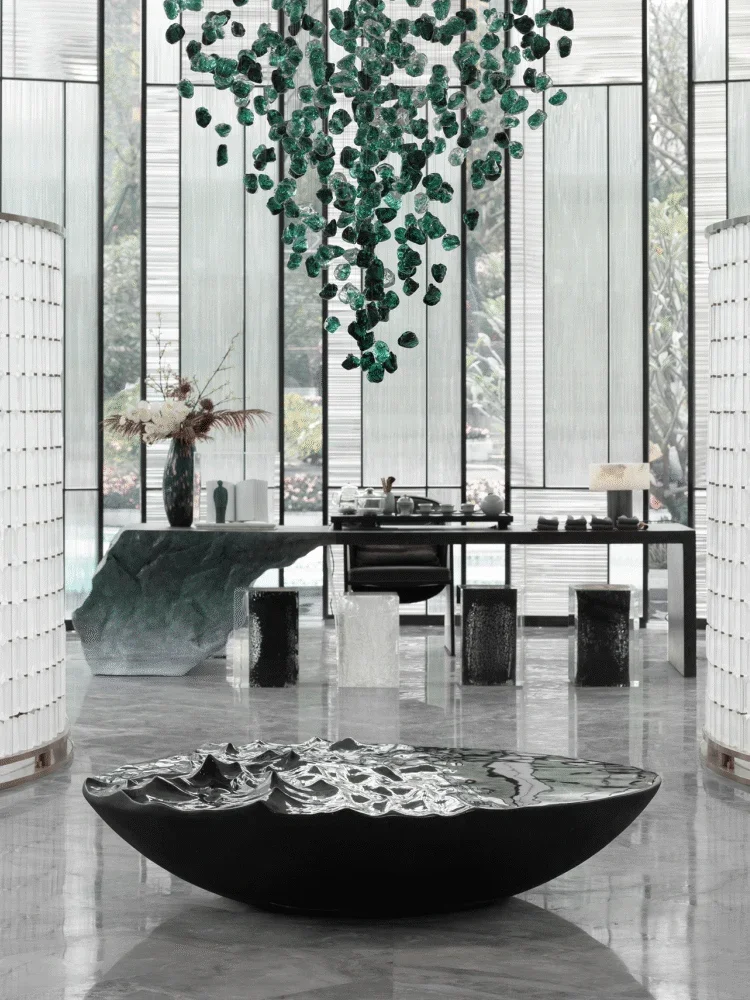 Water corrugated glass steel sculpture large sales office Hotel lobby fountain water feature dripping water on the ground