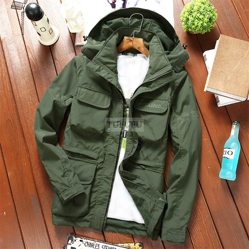 Men\'s Tactical Jacket Spring Autumn Removable Sleeve Vest Jackets Waterproof Military Coat Multi Pockets Hooded Windbreaker 4XL