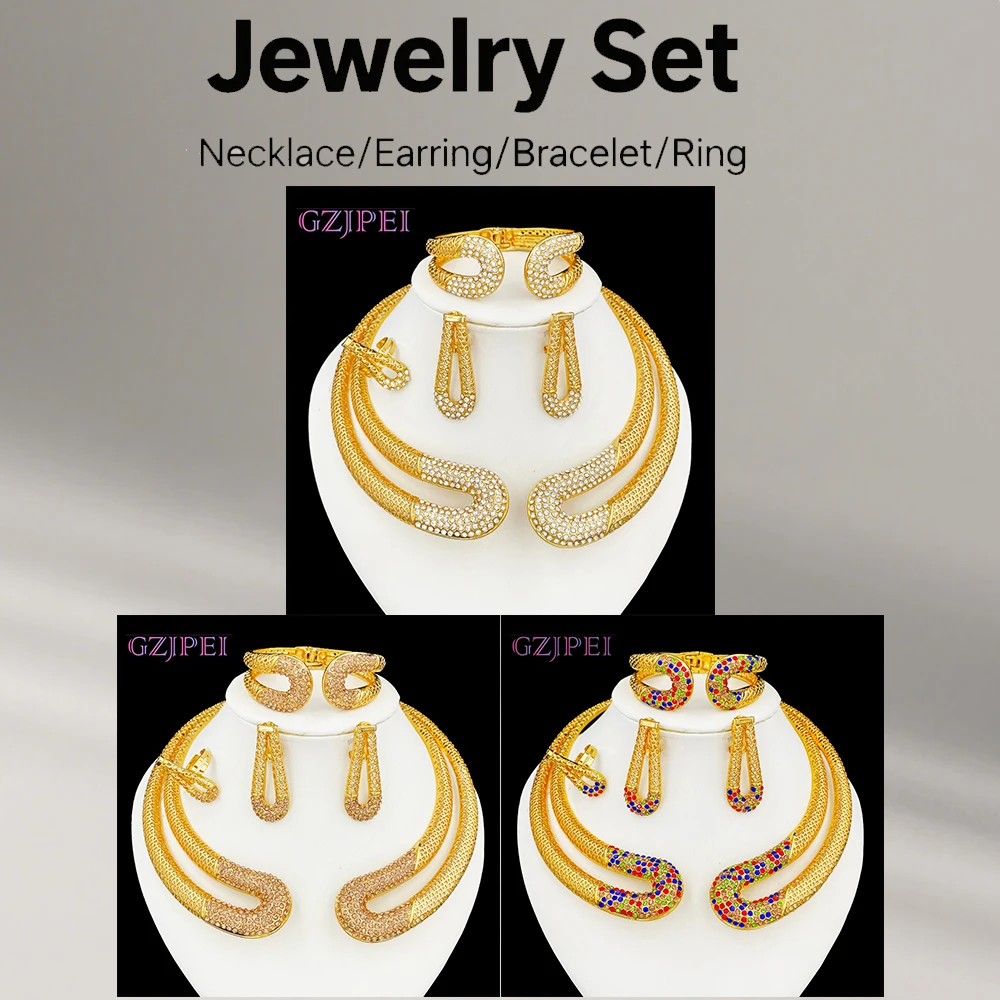 

GZJPEI Colorful Jewelry Set Exaggerated Statement Large Necklace Bracelet Earring Ring For Women Wedding Gift Seaside Beach Gift