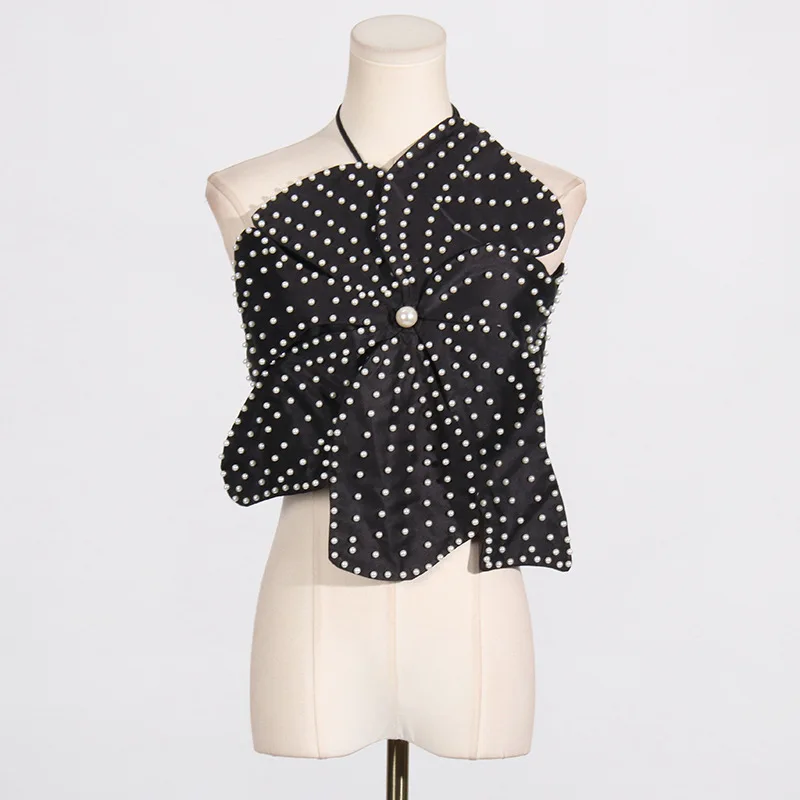 HKSH Women Sexy Vest Asymmetric Pearl Embellished Three-Dimensional Floral Halter Neck Strapless Ins Tank Top New Summer HK20909
