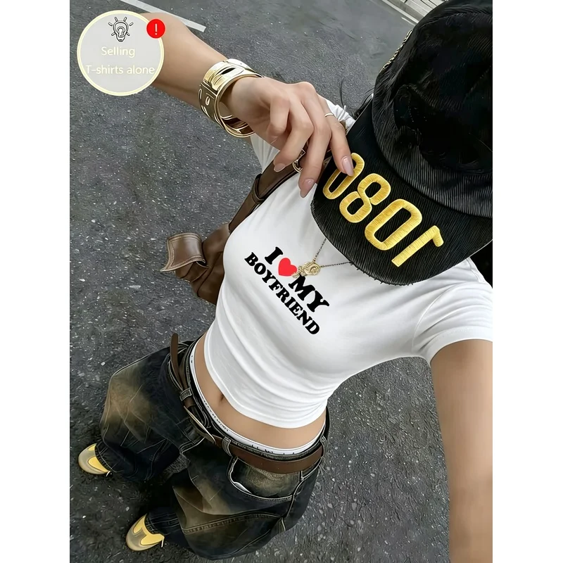 Women's Summer Cropped Top, Girly Slim-Fit Flattering Short Sleeve Top, Round Neck Short Sleeve T-Shirt, Cool Hot Style