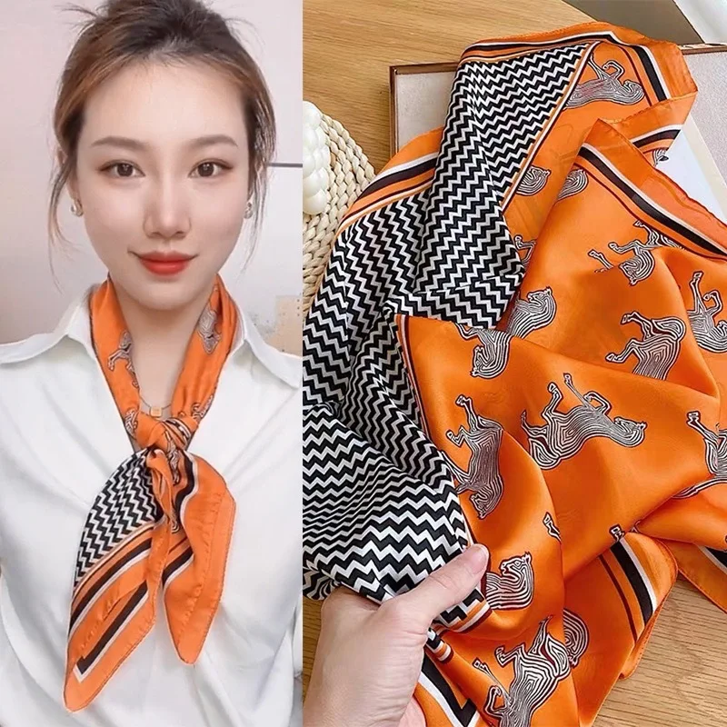 Elegant Orange Horse Print Silk Square Scarf Women Soft Satin Hairband Neckerchief Office Hijab Headband Foulard